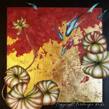 50x50 cm Frédérique Roche Créations Originales Artiste Peintre, . Technique Mixte. Acrylique, Feuille d'Or, Aquarelle, Crayon et Fusain