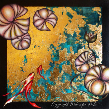 50x50 cm Frédérique Roche Créations Originales Artiste Peintre, . Technique Mixte. Acrylique, Feuille d'Or, Aquarelle, Crayon et Fusain