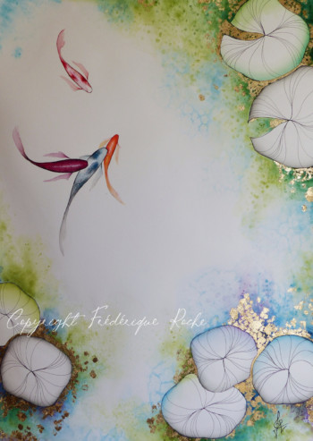 70x50 cm Aquarelle et Feuille d'Or Frédérique Roche Créations Originales Artiste Peintre, . Technique Mixte. Acrylique, Feuille d'Or, Aquarelle, Crayon et Fusain